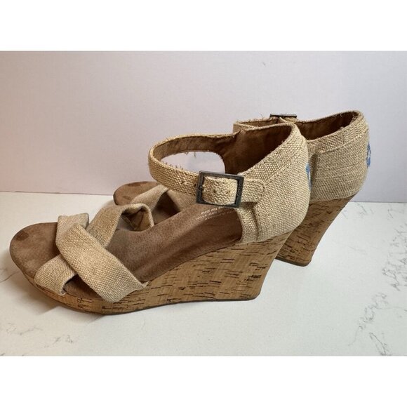 TOMS Sienna Wedge Sandals Women’s Size 9.5 Canvas Crisscross Open Toe Cork Tan - Picture 7 of 11